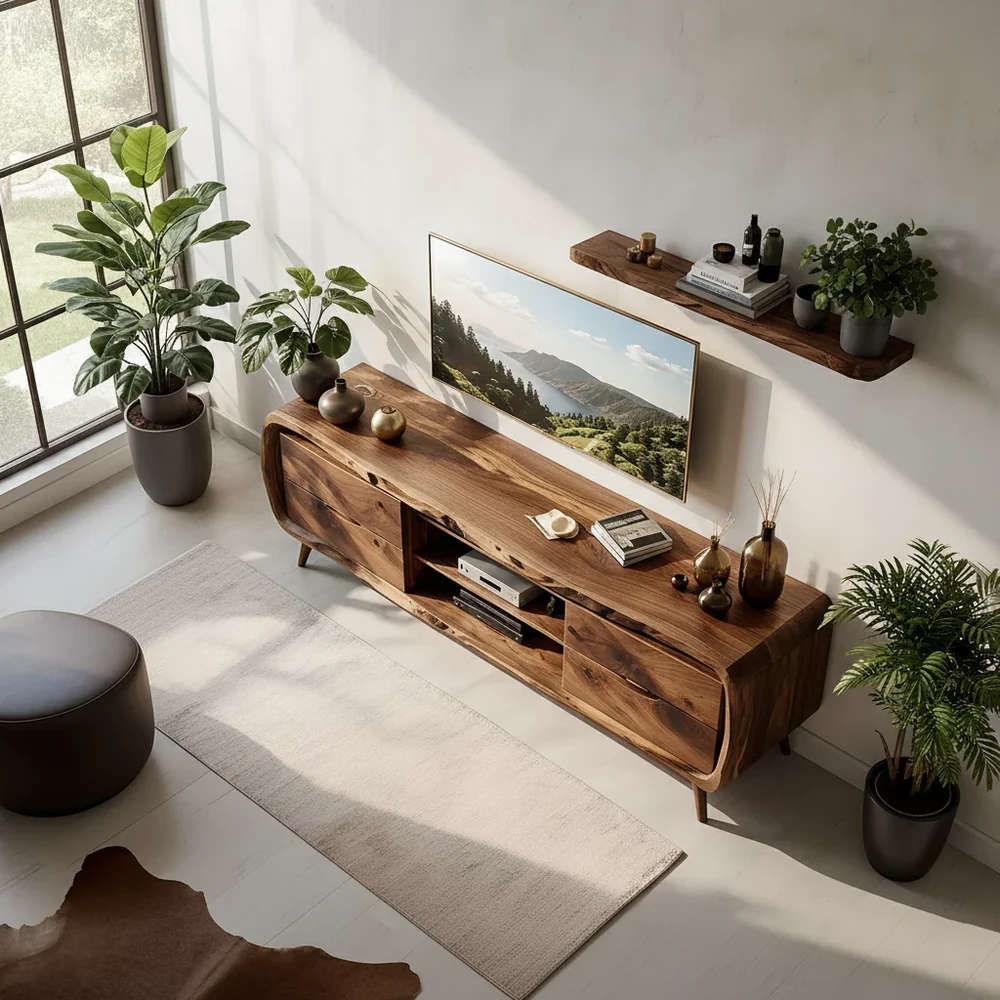 Solid Wood TV Stand Modern Walnut Media Console with Mid Century Design