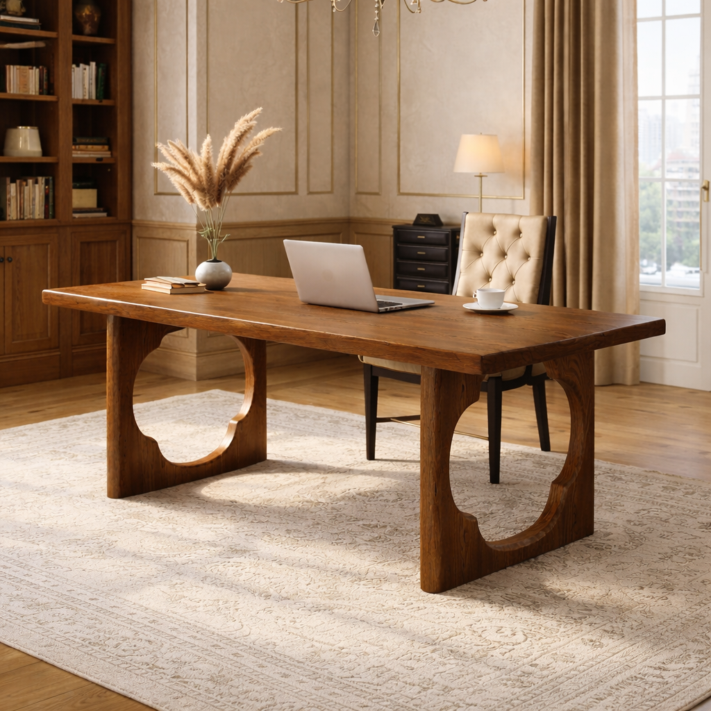 Elegant Wooden Executive Desk with Unique Circular Base for Home Office or Study