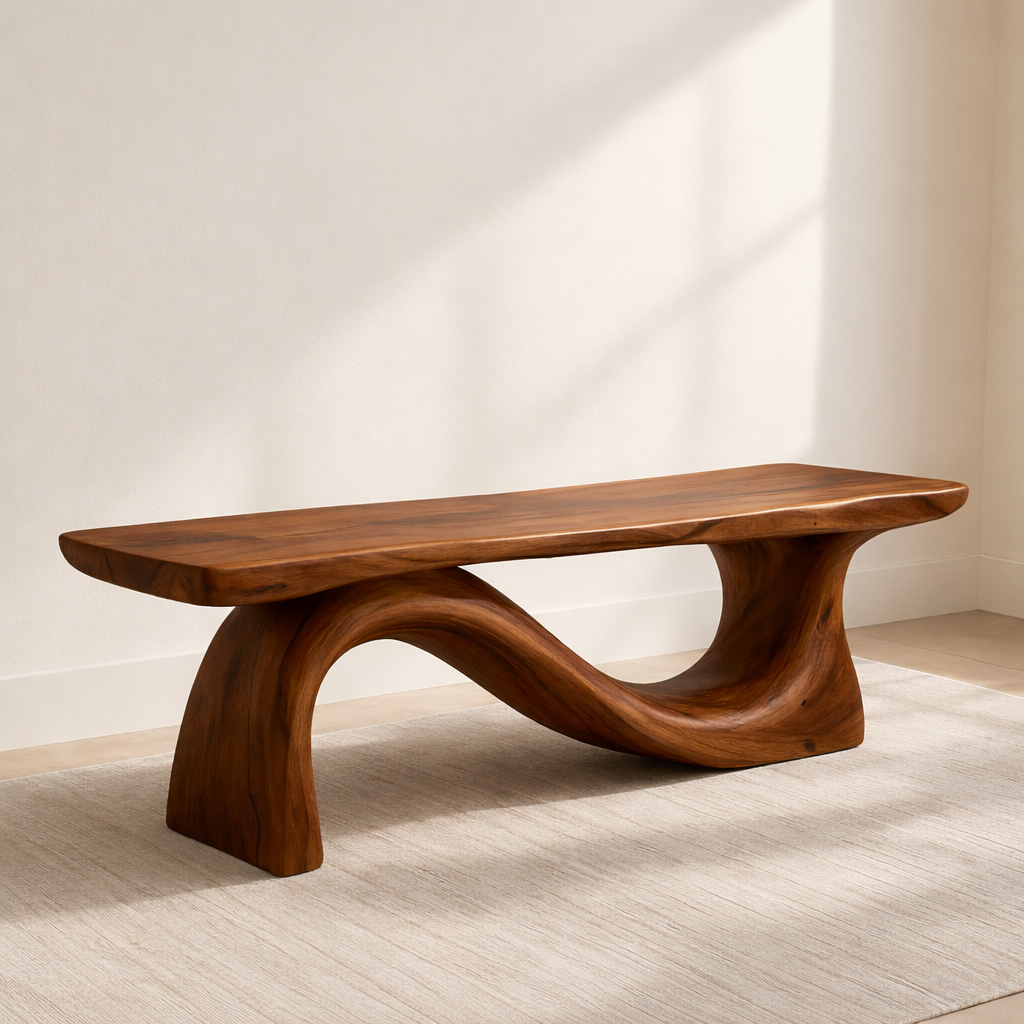 Modern Solid Wood Bench with Curved Base – Handmade Wooden Entryway Bench