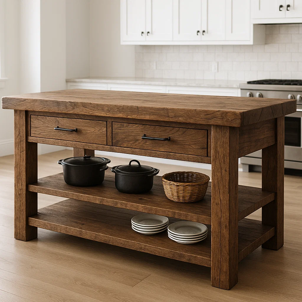 Live Edge Solid Wood Kitchen Island - Rustic Farmhouse Butcher Block Prep Table with Storage