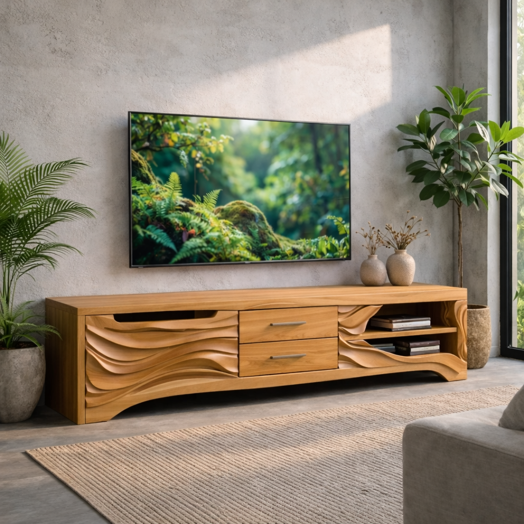 Solid Wood TV Stand with Carved Wave Front – Modern Media Console for Living Room