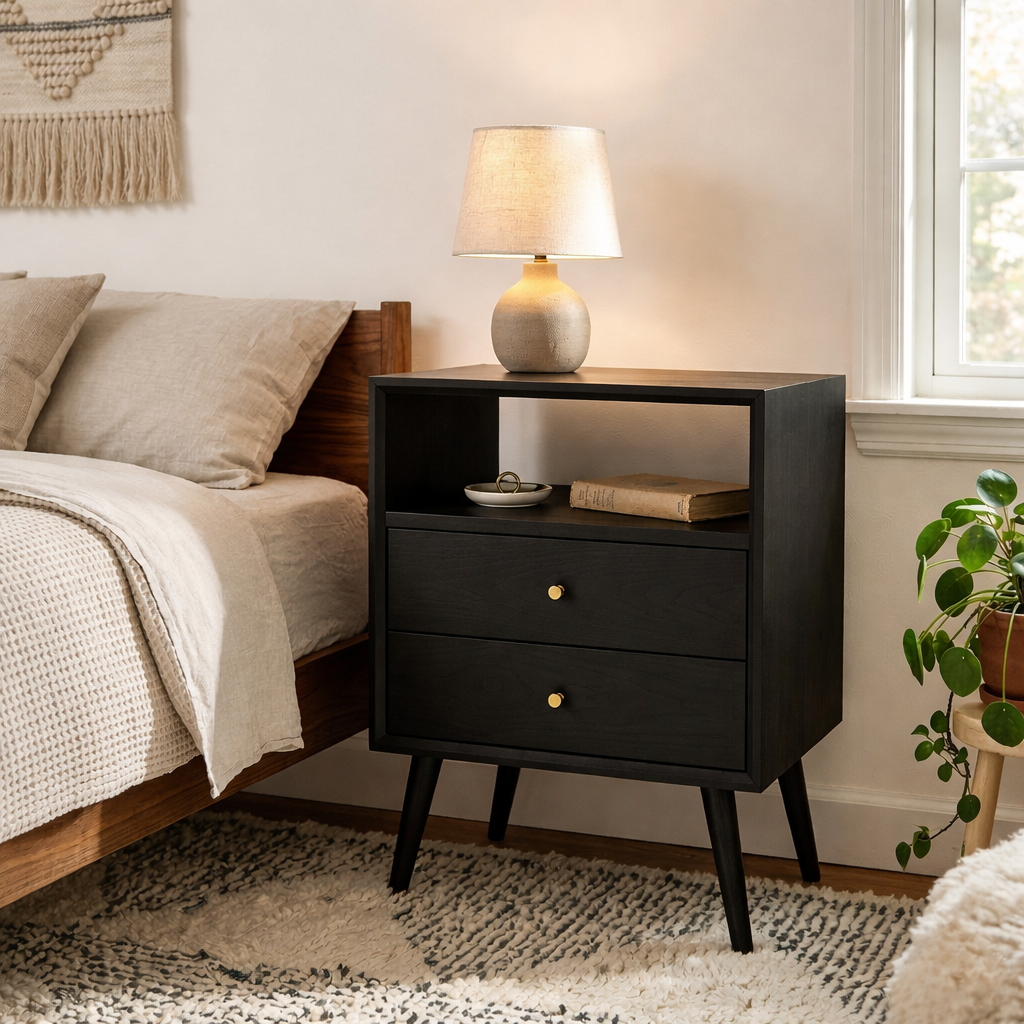 Solid Nightstand - Mid-Century Modern Bedside Table with Open Shelf & 2 Drawers