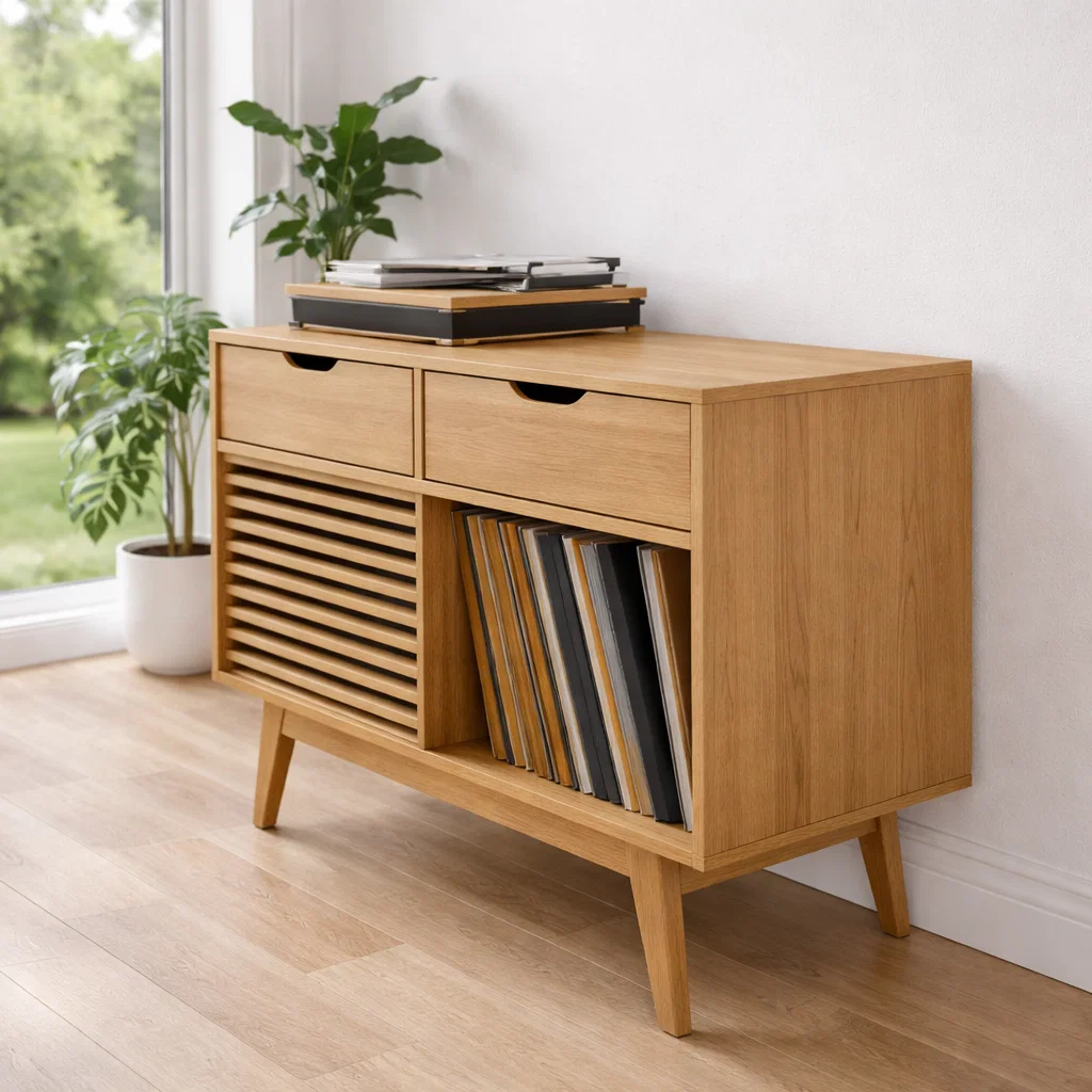 Mid Century Record Player Sideboard Cabinet with Slatted Door – Vinyl Storage Console