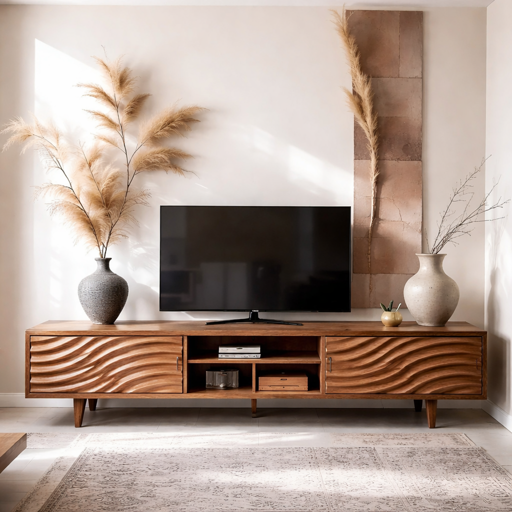 Solid Wood Media Console with Wave Doors – Modern TV Stand Storage Cabinet