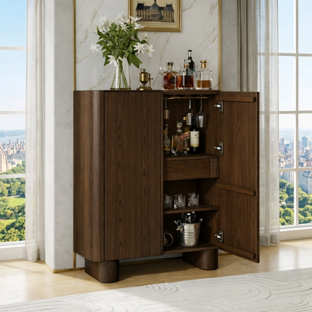 Modern Bar Cabinet with Wine Glass Holder and Concealed Liquor Storage