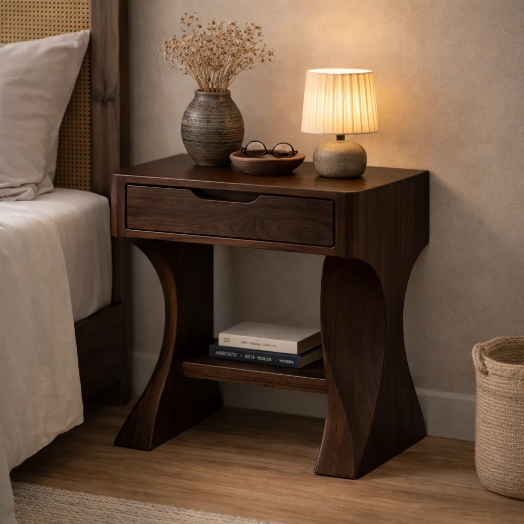 Solid Walnut Nightstand with Drawer and Shelf – Modern Curved Wood Bedside Table