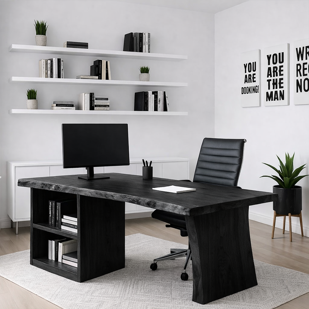 Live Edge Office Desk Modern Executive Writing Desk With Storage Shelf Large Workspace