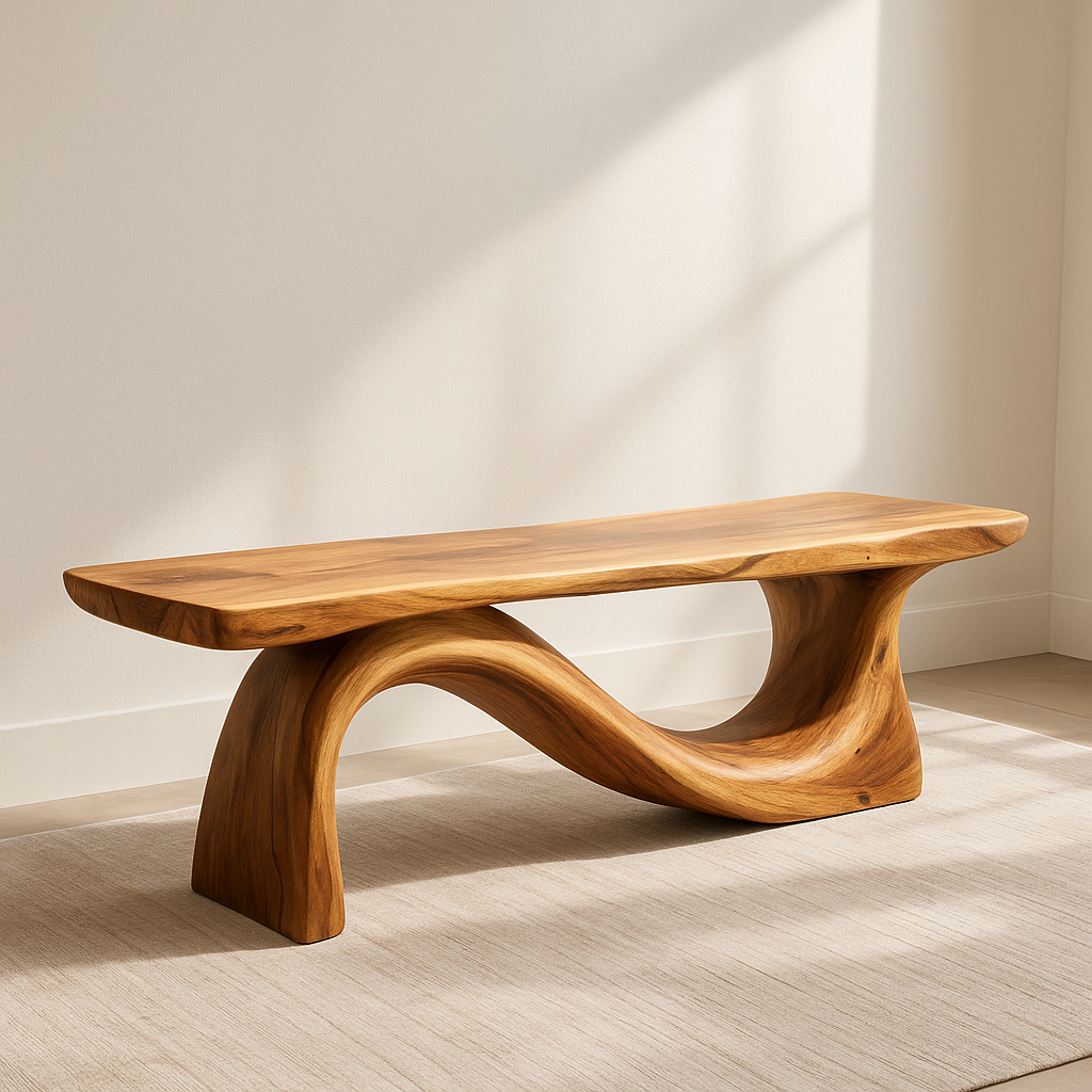 Modern Solid Wood Bench with Curved Base – Handmade Wooden Entryway Bench