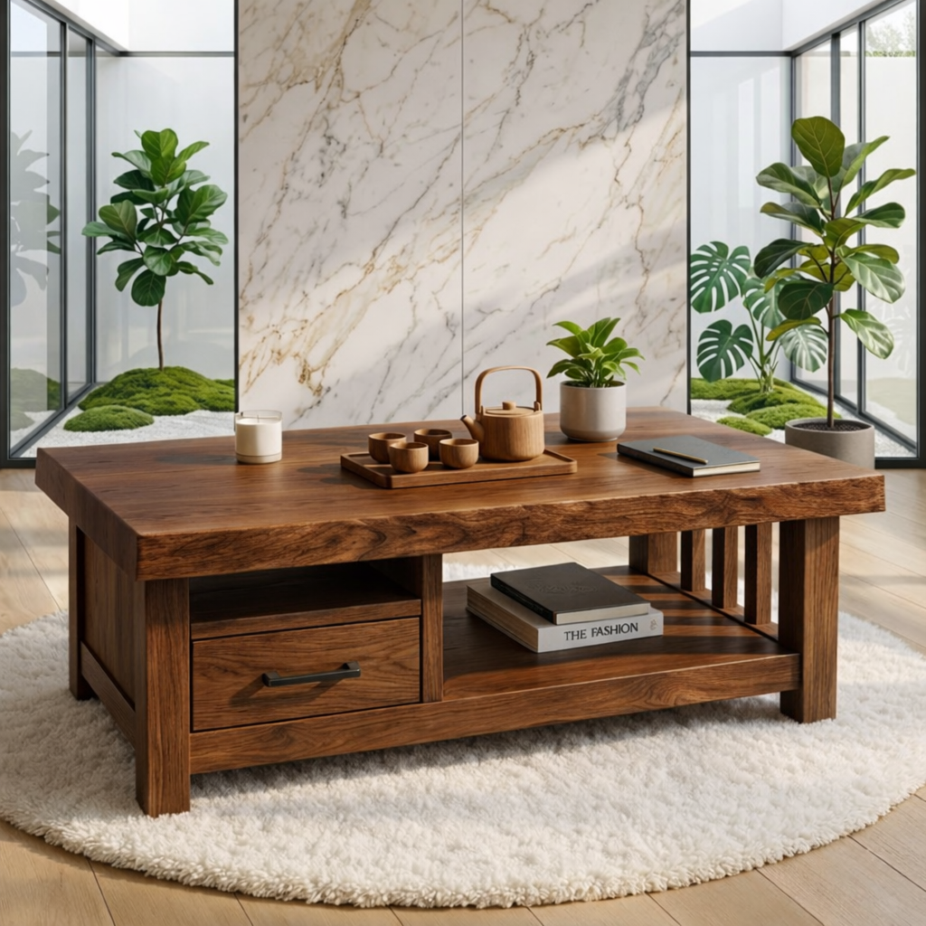 Modern Solid Wood Coffee Table with Drawer and Open Shelf for Living Room Storage