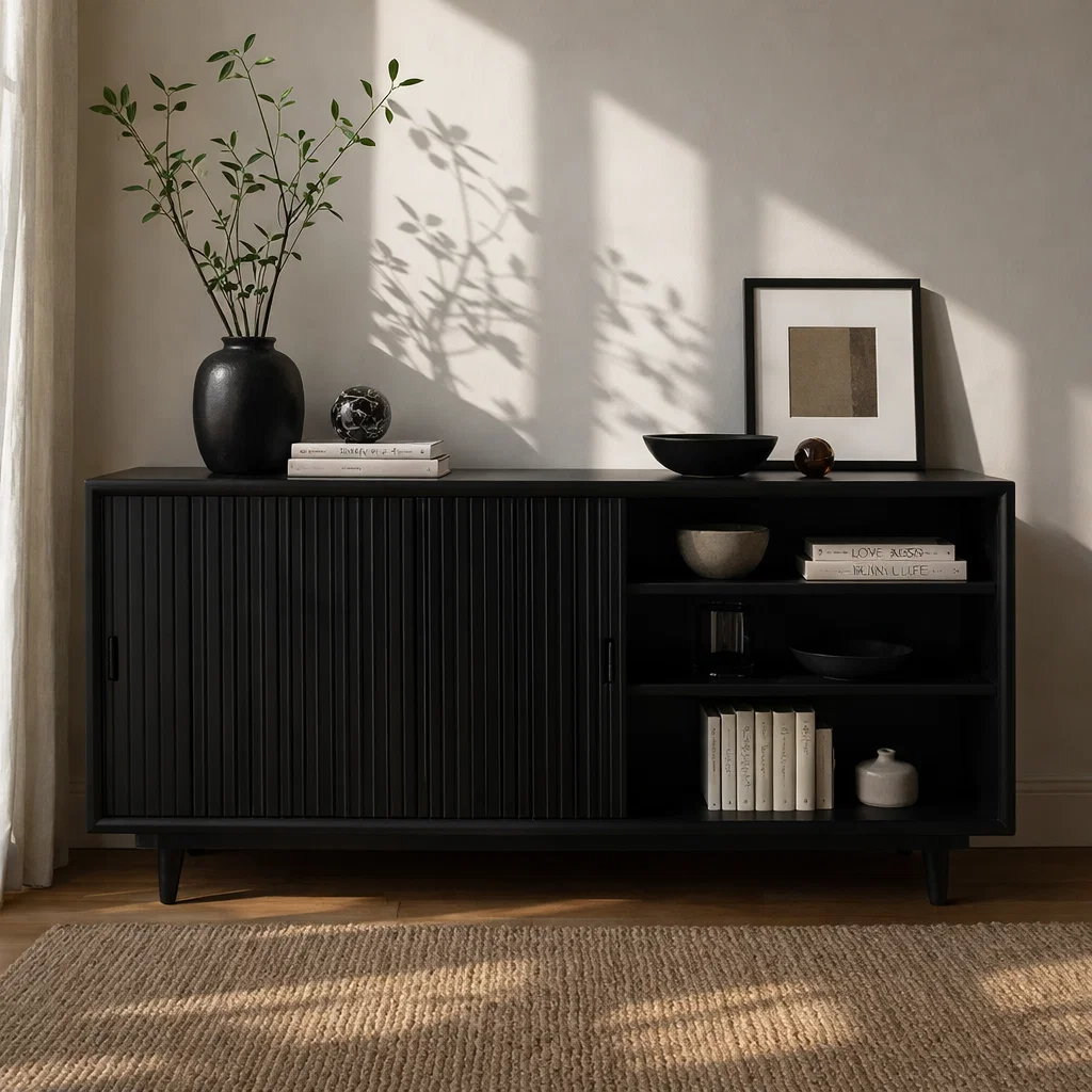 Solid Wood Sideboard Cabinet with Sliding Slatted Doors & Open Shelf Storage
