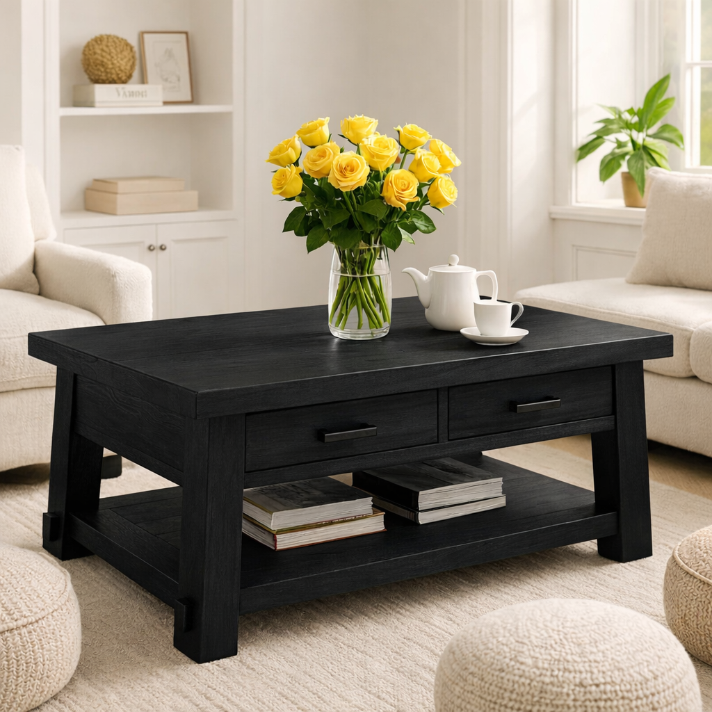Solid Wood Coffee Table with Drawers and Storage Shelf Rustic Living Room Table