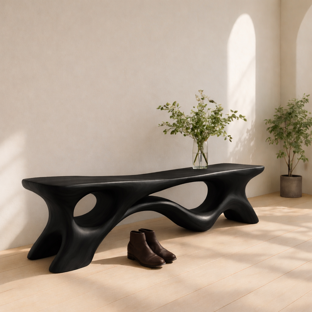 Solid Wood Entryway Bench with Sculptural Base – Modern Organic Wooden Bench