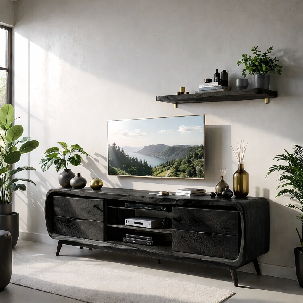 Solid Wood TV Stand Modern Walnut Media Console with Mid Century Design