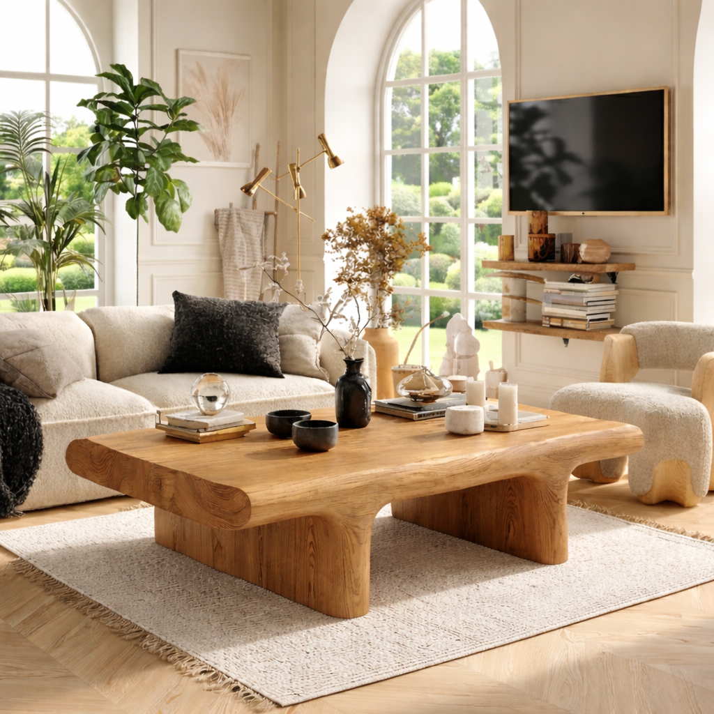 Unique Wooden Coffee Table with Sculptural Curved Design