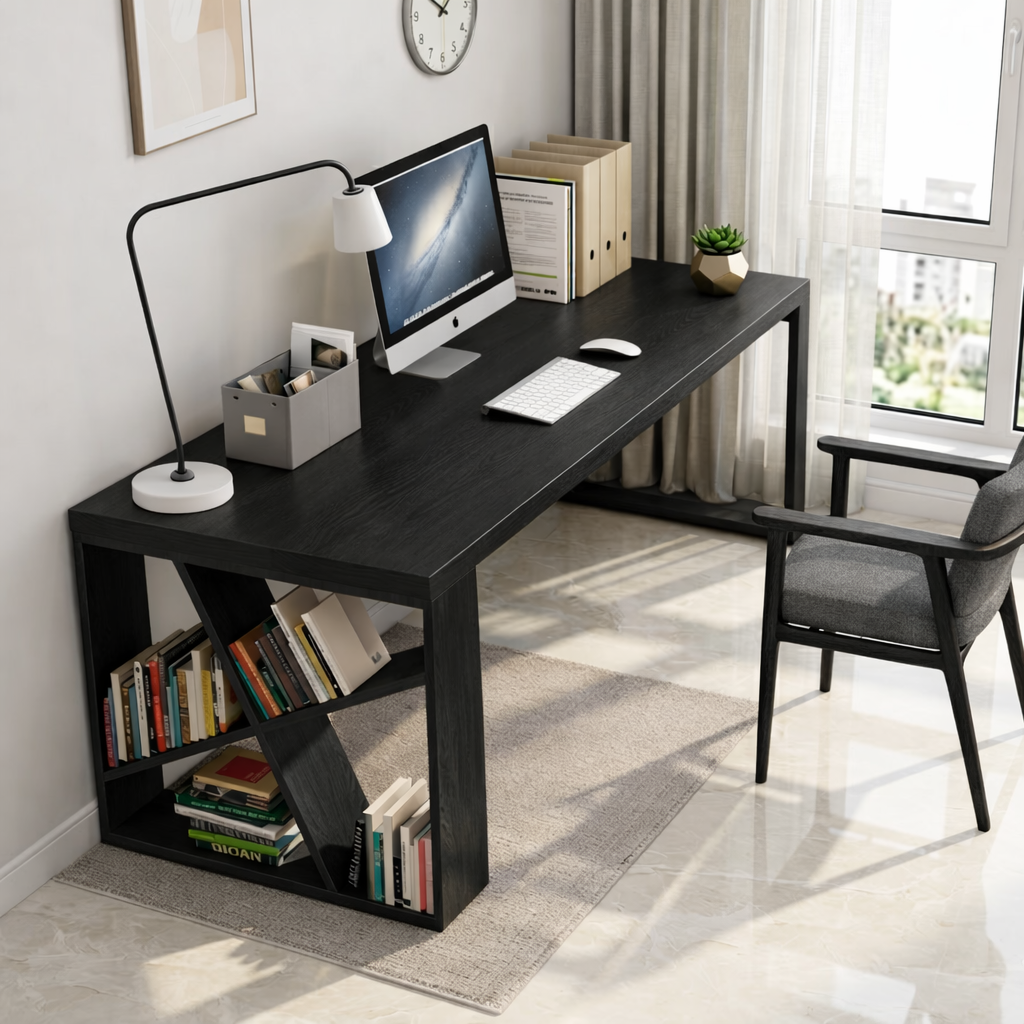 Modern Writing Desk with Bookshelf Base, Long Minimalist Home Office Workstation Table