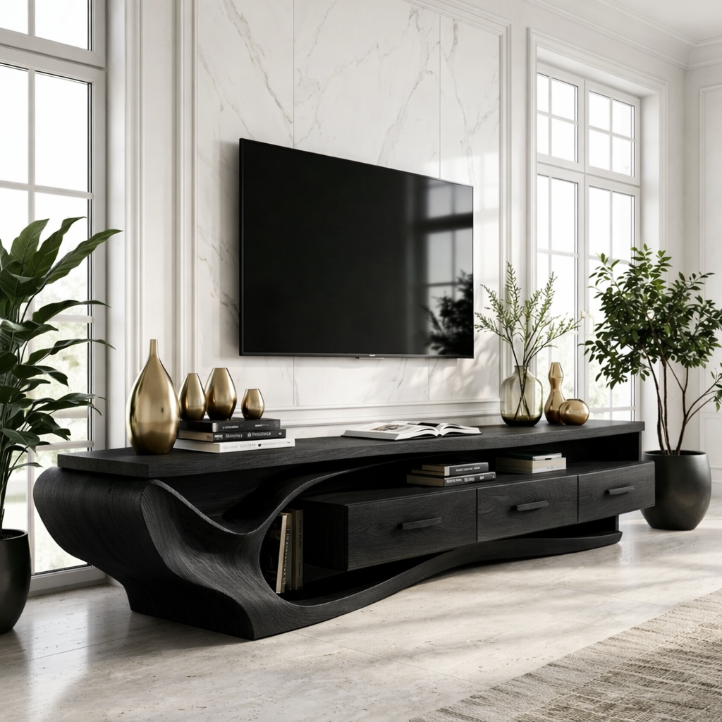 Solid Wood TV Stand with Wave Design, Modern Media Console Cabinet