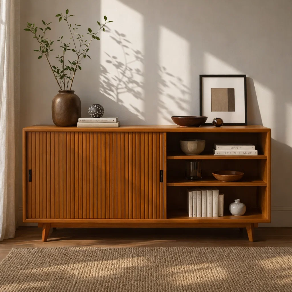 Solid Wood Sideboard Cabinet with Sliding Slatted Doors & Open Shelf Storage