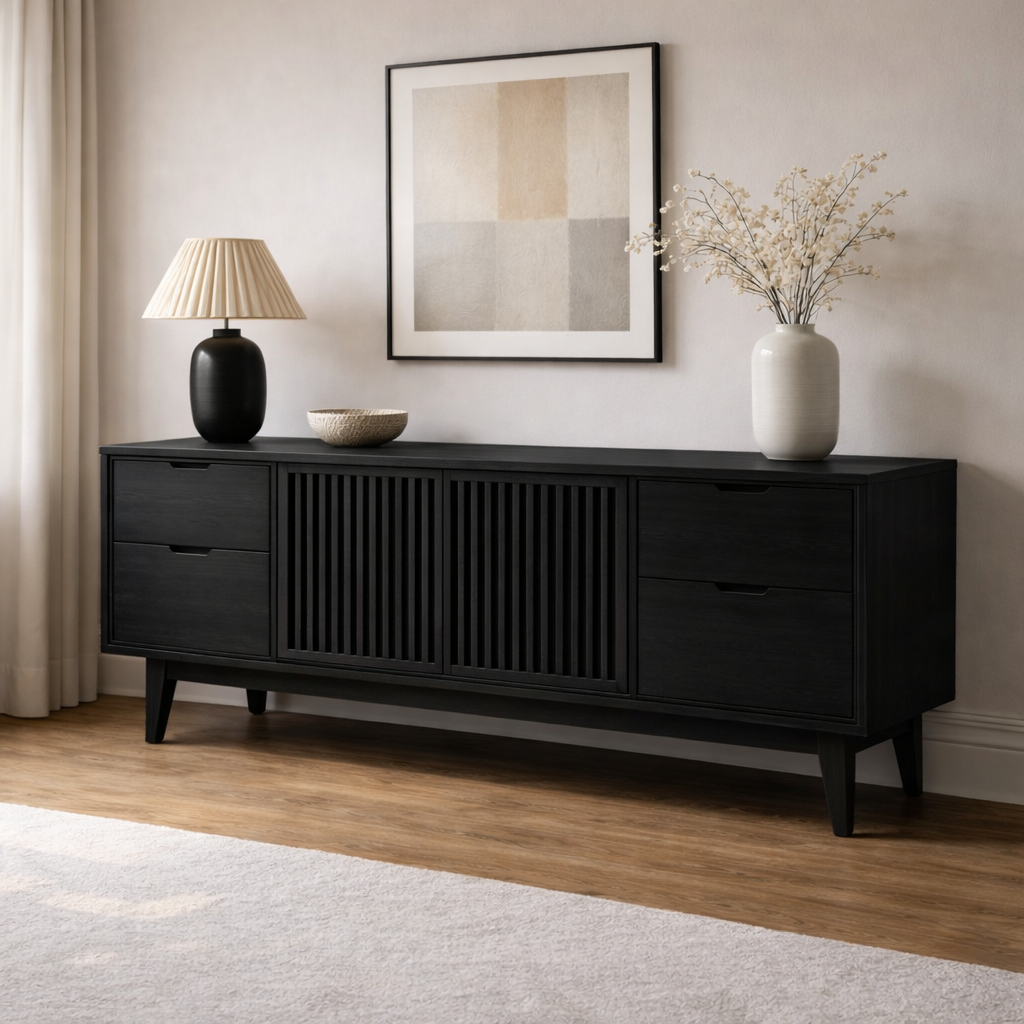 Solid Wood Console Cabinet with Slatted Doors and Drawer Storage
