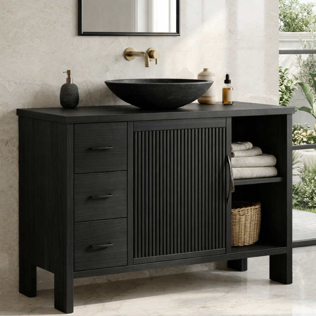 Modern Solid Wood Bathroom Vanity with Fluted Door, Drawers and Open Shelf Storage