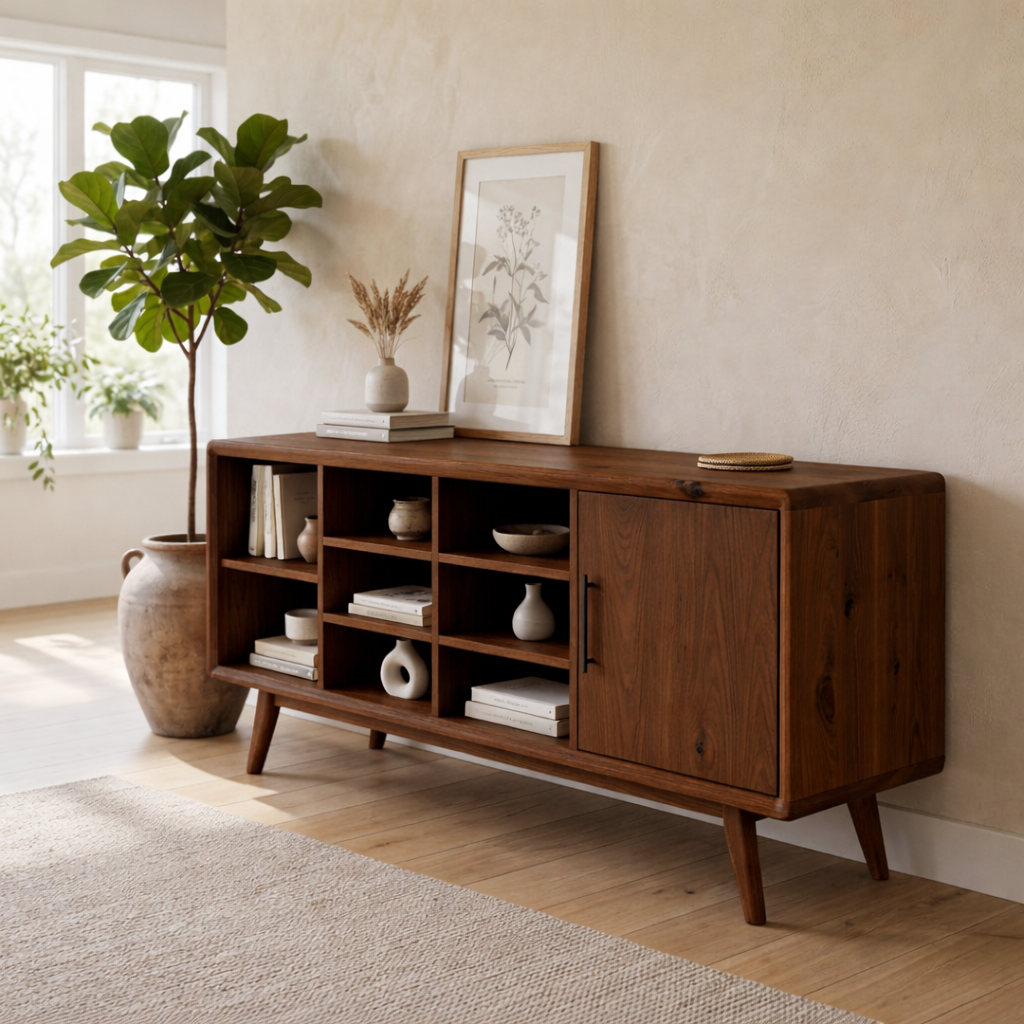 Solid Oak Console Cabinet with Shelves & Door – Modern Storage Sideboard Table
