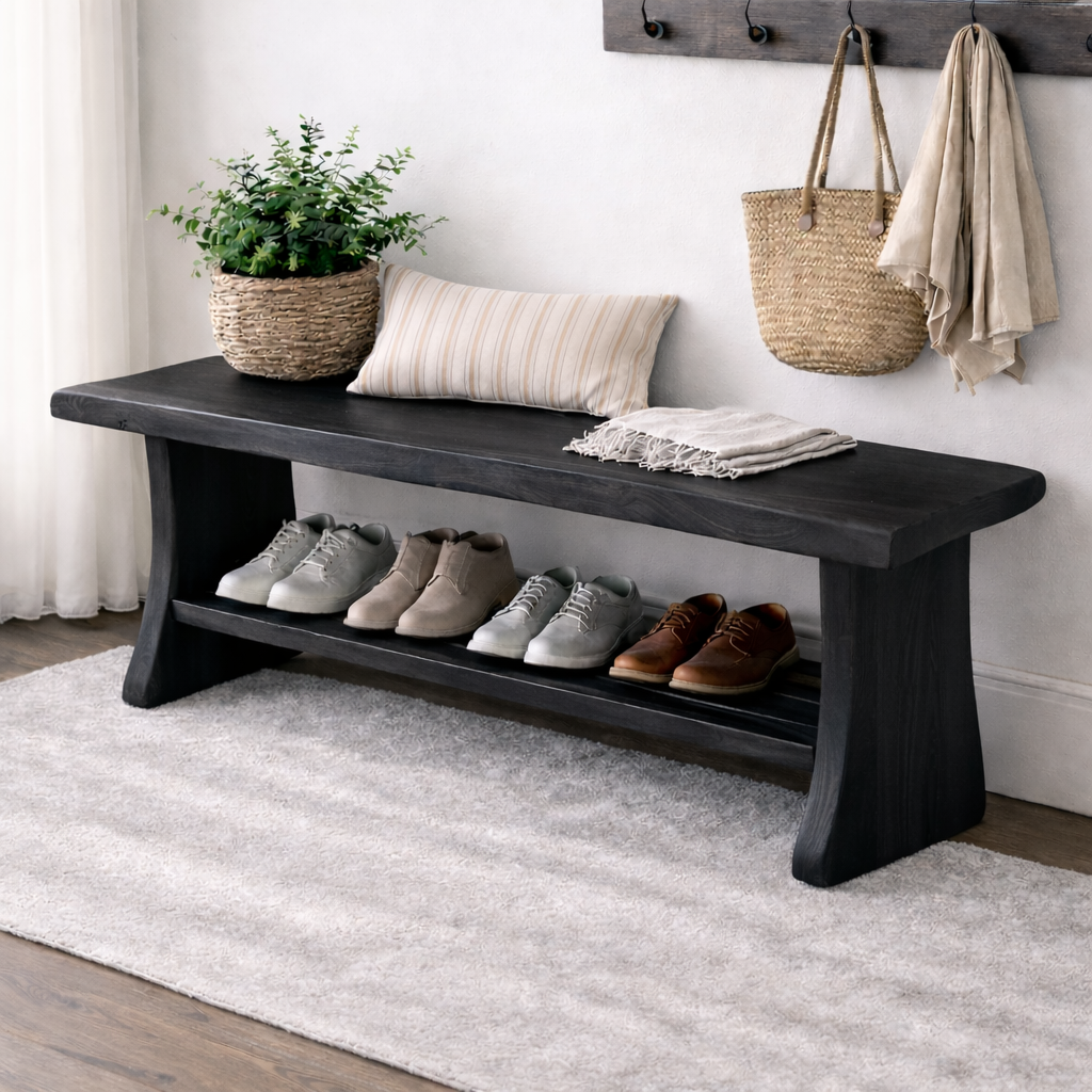 Solid Wood Entryway Bench with Shoe Storage | Rustic Hallway Seating