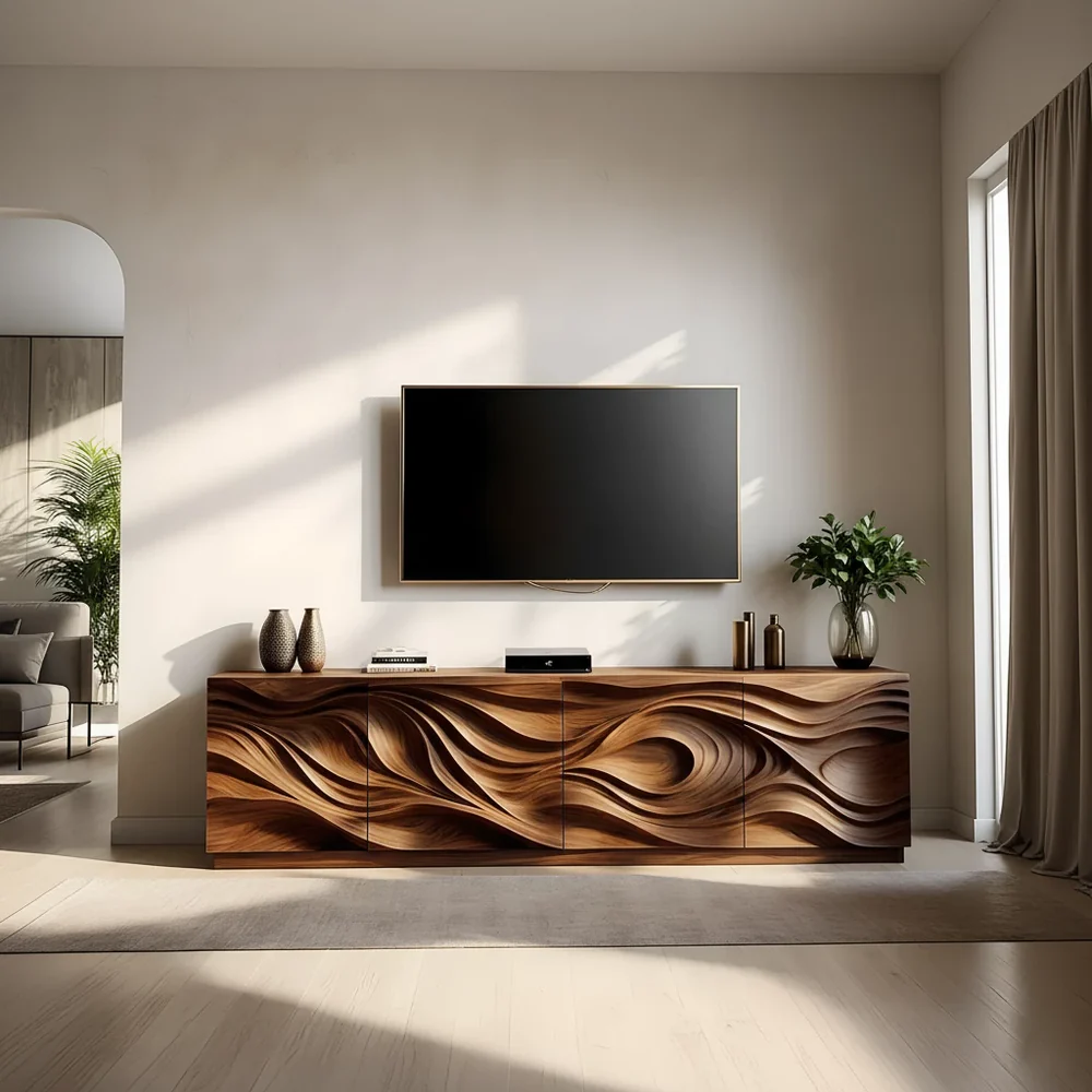 Solid Wood TV Stand Modern Walnut Media Console with Sculpted Wave Doors and Storage