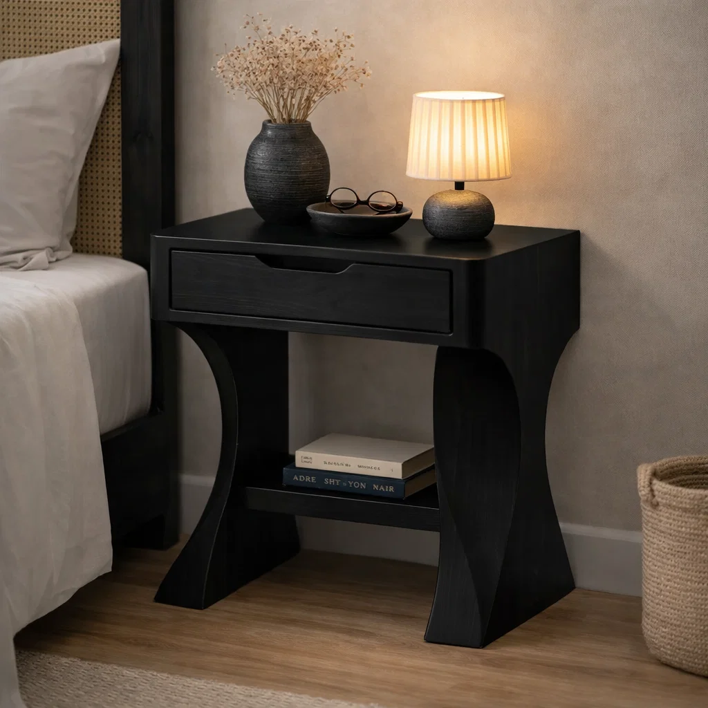 Solid Walnut Nightstand with Drawer and Shelf – Modern Curved Wood Bedside Table
