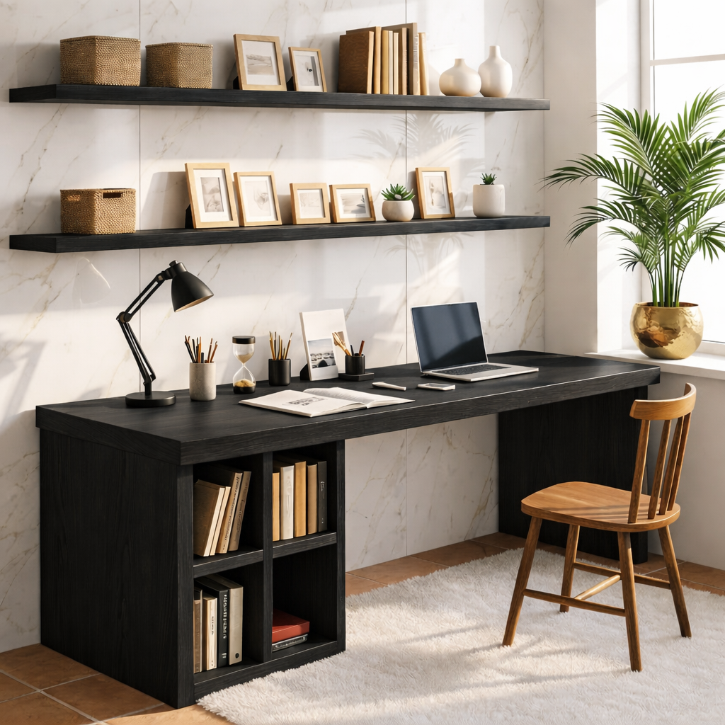 Modern Long Writing Desk with Storage Shelves Home Office Work Table Minimal Design