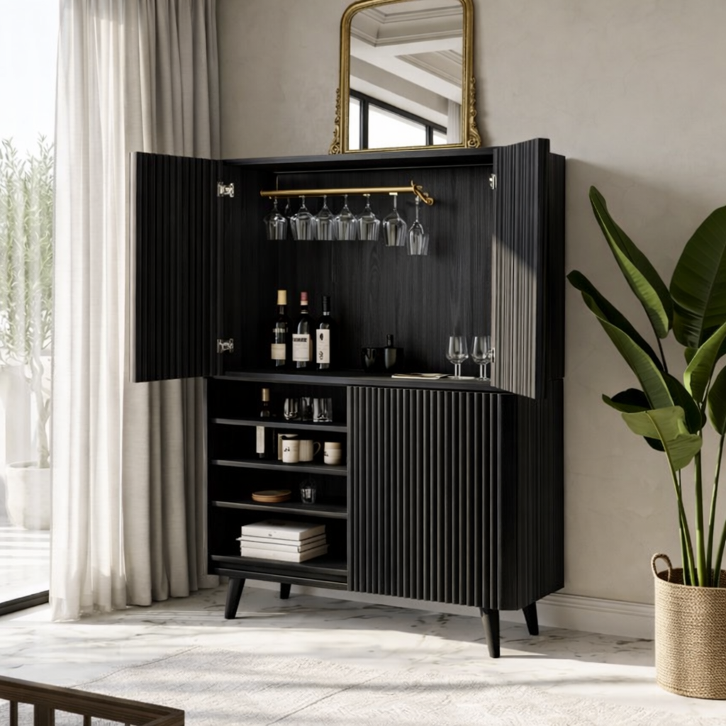 Modern Fluted Bar Cabinet with Wine Glass Rack and Concealed Storage Shelves