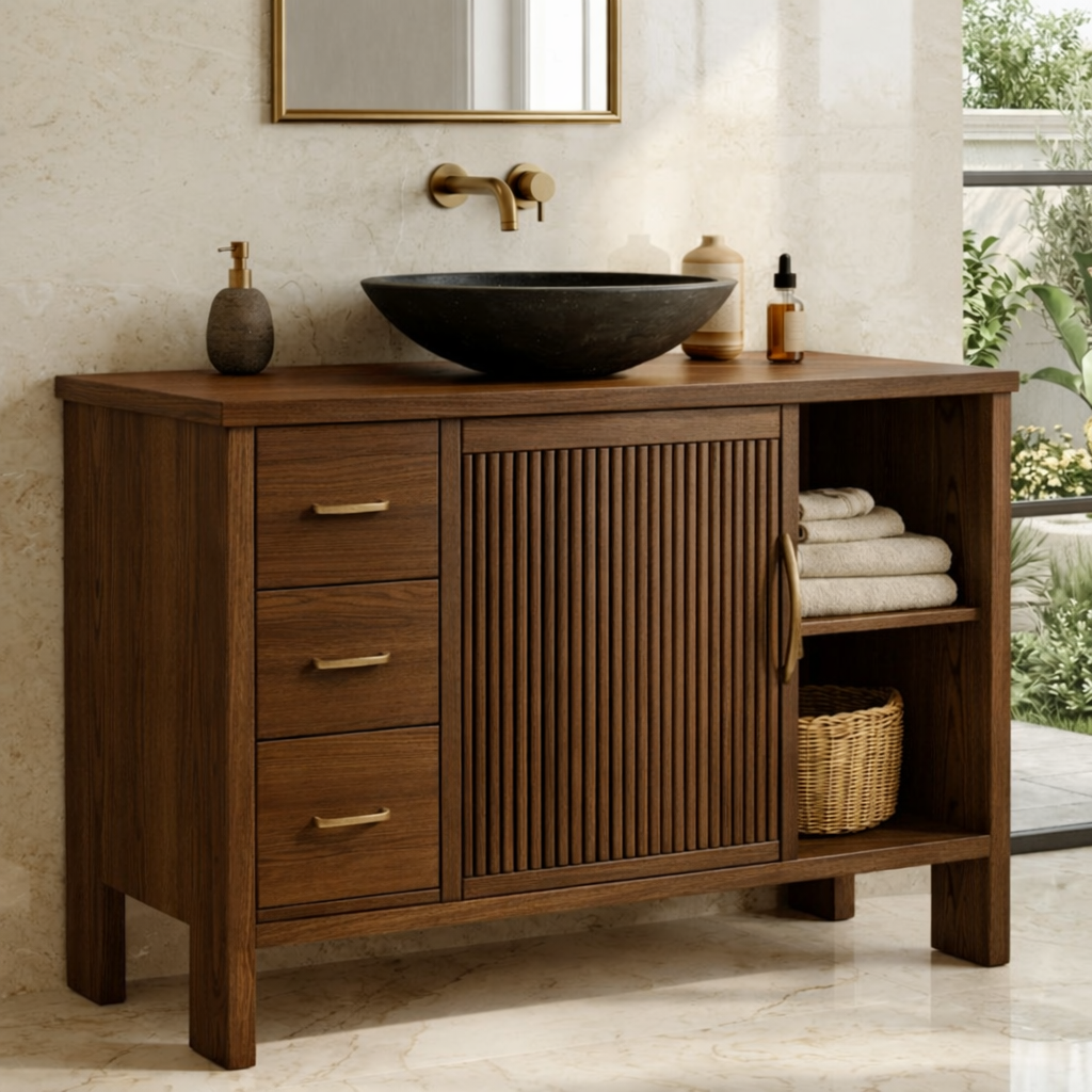 Modern Solid Wood Bathroom Vanity with Fluted Door, Drawers and Open Shelf Storage