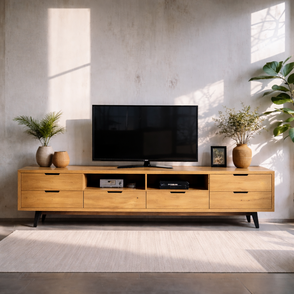 Solid Wood Media Console with Drawers – Modern TV Stand for Living Room Storage