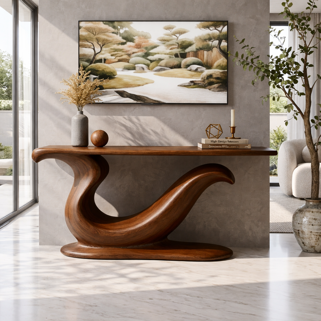 Solid Wood Console Table with Sculpted Curved Base, Modern Artistic Design