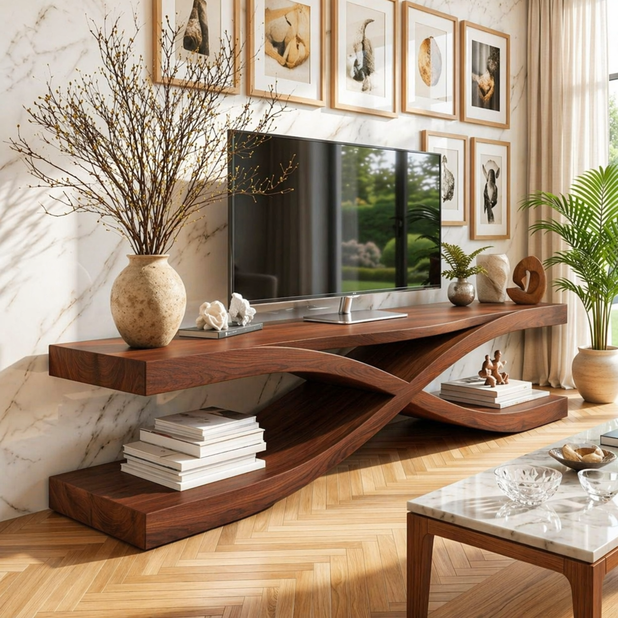Modern Wave TV Console, Sculptural Media Stand, Minimalist Living Room Cabinet