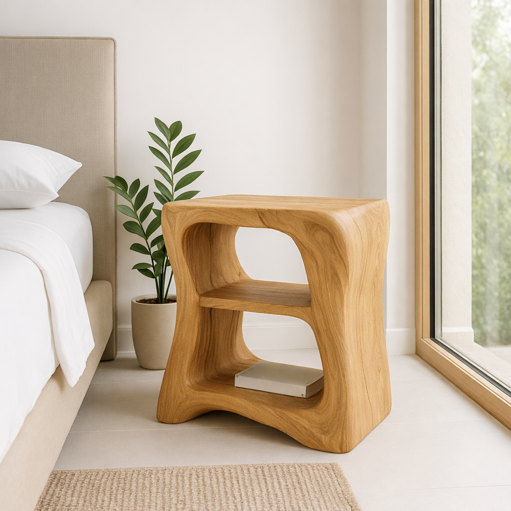 Modern Wooden Nightstand with Curved Design - Solid Wood Bedside Table for Bedroom