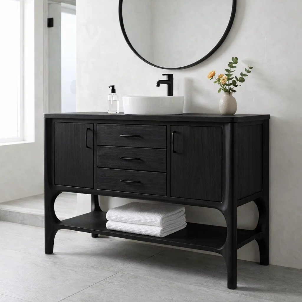 Solid Wood Bathroom Vanity with Drawers & Open Shelf β Modern Natural Base