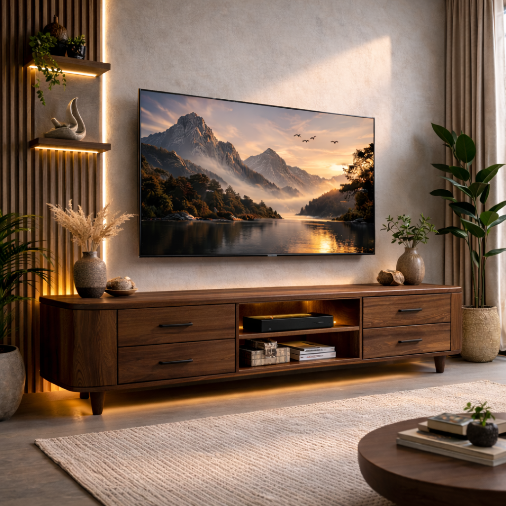Mid Century Solid Wood TV Stand with Drawers and Open Shelf – Modern Media Console