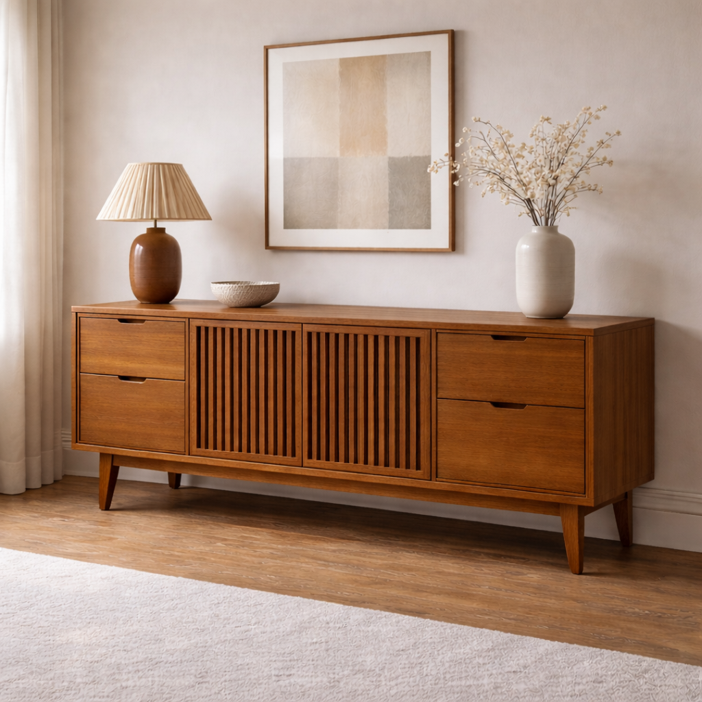 Solid Wood Console Cabinet with Slatted Doors and Drawer Storage