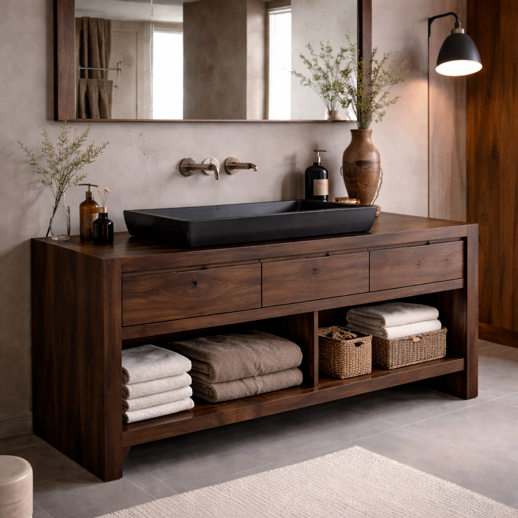 Solid Wood Bathroom Vanity Cabinet with Drawers & Open Shelf β Modern Walnut Vanity Base