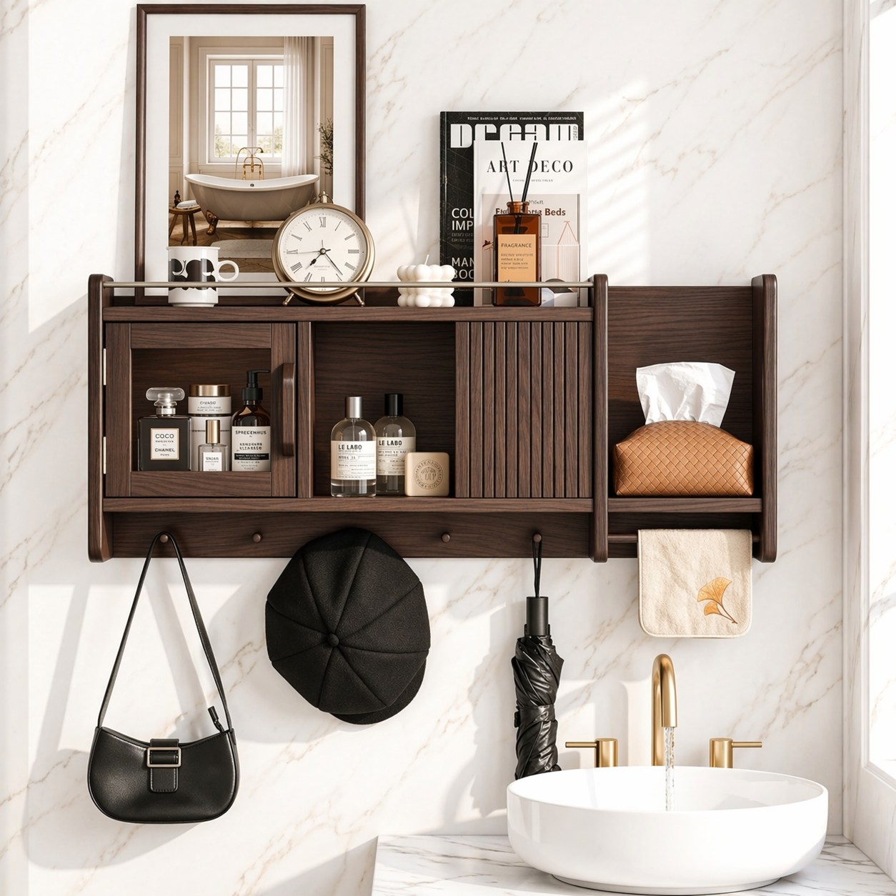 Floating Bathroom Cabinet, Wall Mounted Vanity Shelf Organizer With Tissue Holder