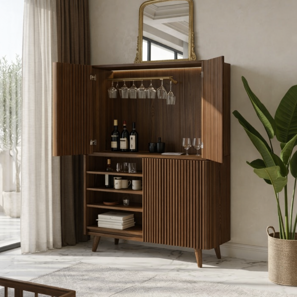 Modern Fluted Bar Cabinet with Wine Glass Rack and Concealed Storage Shelves