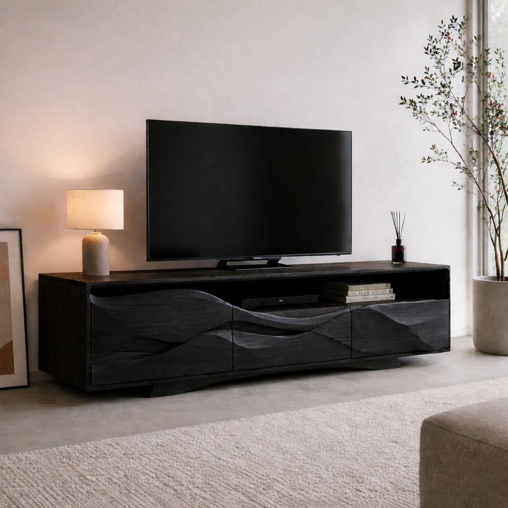 Solid Wood Media Console with Sculpted Front, Modern TV Stand with Storage Shelves