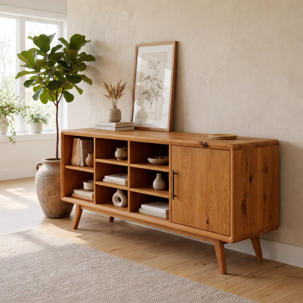 Solid Oak Console Cabinet with Shelves & Door – Modern Storage Sideboard Table