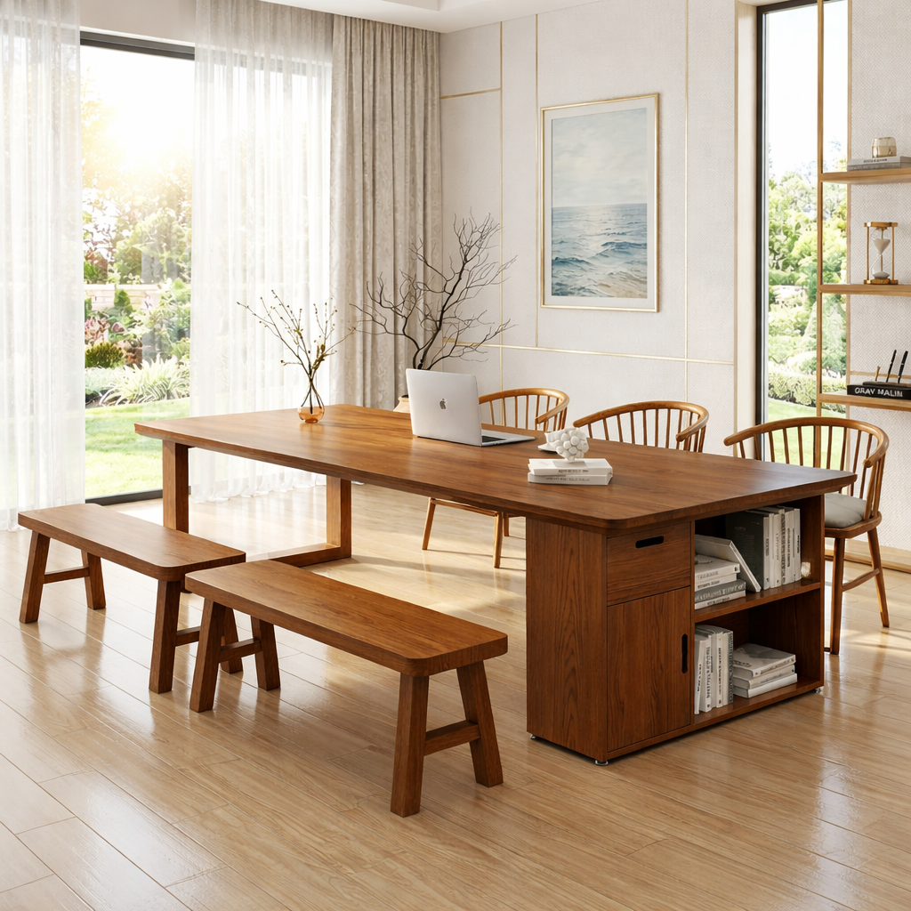 Modern Wooden Desk with Storage and Benches for Office or Home