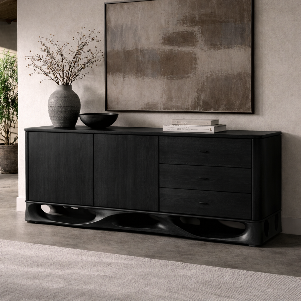 Solid Wood Console Cabinet with Sculptural Base and Drawer Storage