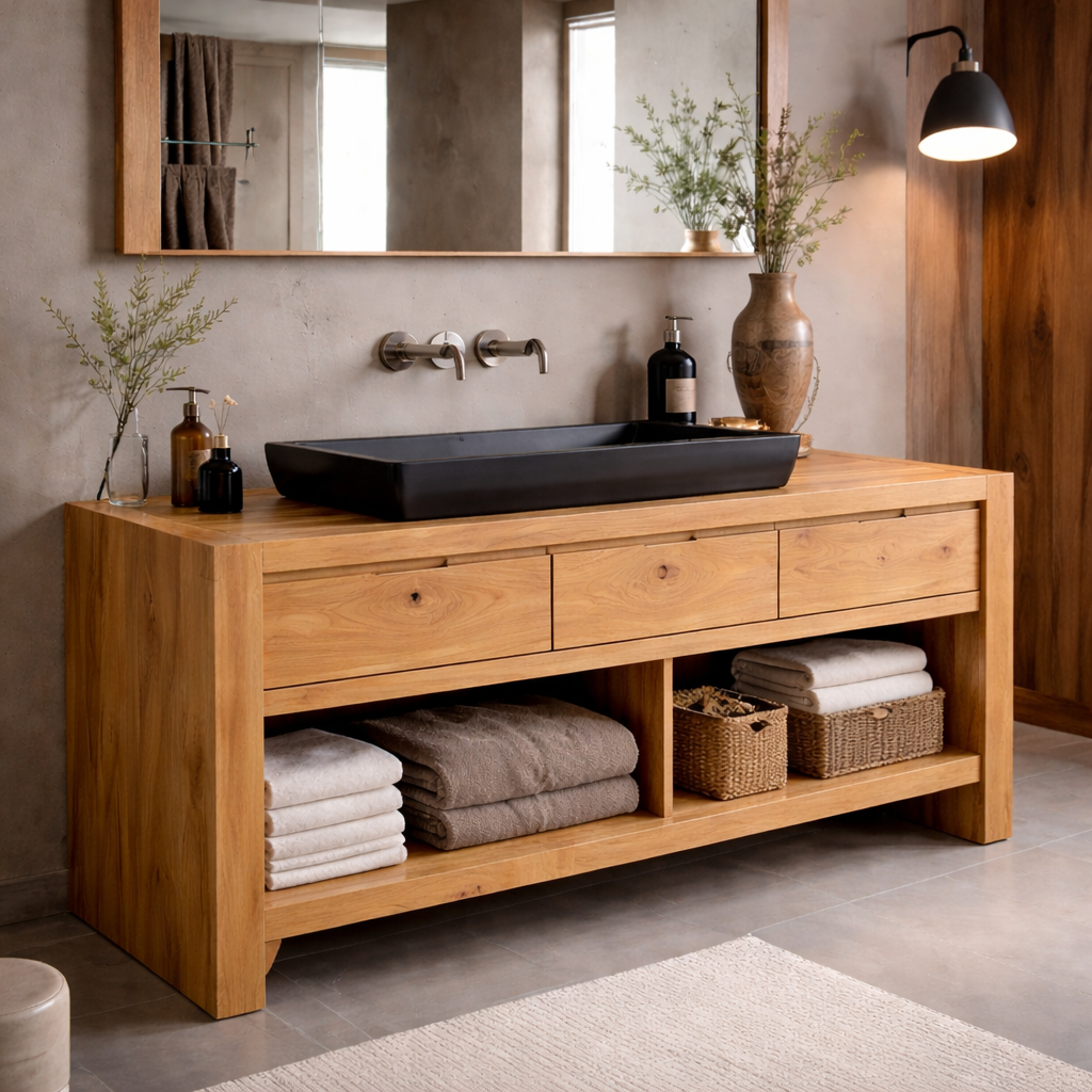 Solid Wood Bathroom Vanity Cabinet with Drawers & Open Shelf β Modern Walnut Vanity Base