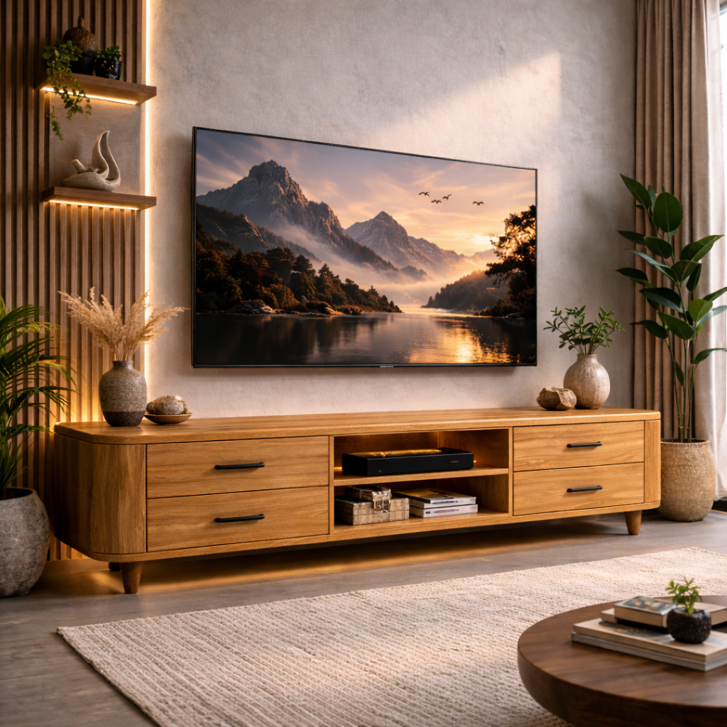 Mid Century Solid Wood TV Stand with Drawers and Open Shelf – Modern Media Console