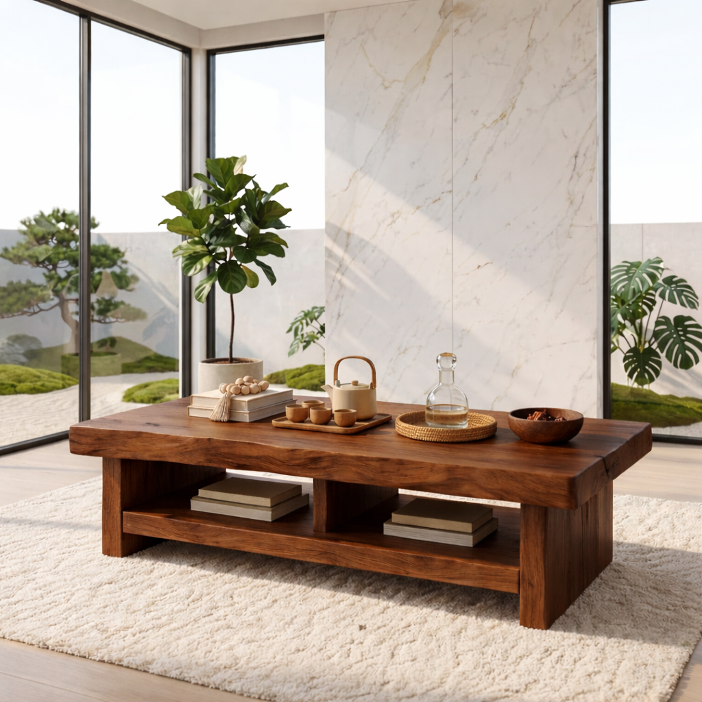 Rustic Solid Wood Coffee Table with Live Edge Top and Open Storage Shelf
