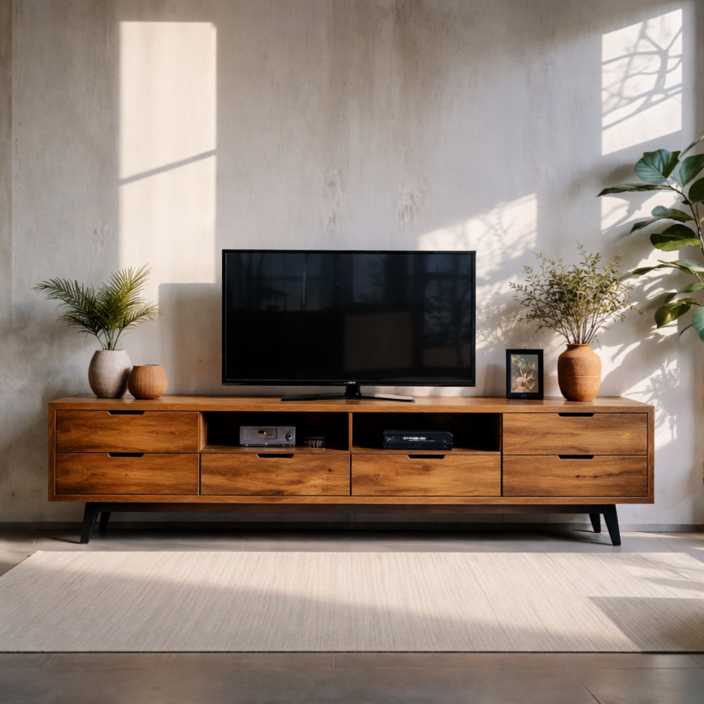 Solid Wood Media Console with Drawers – Modern TV Stand for Living Room Storage