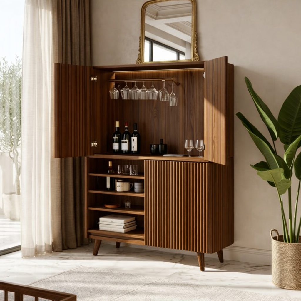 Modern Fluted Bar Cabinet with Wine Glass Rack and Concealed Storage Shelves