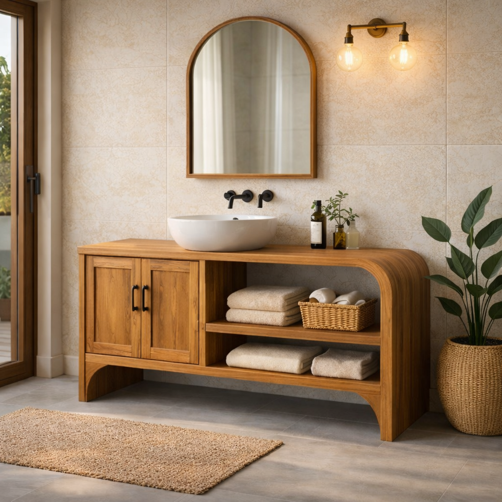 Solid Wood Bathroom Vanity Cabinet with Open Shelf and Double Doors Storage